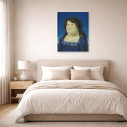 Unframed poster print of Fernando Botero's Woman displayed on a wall in a bedroom