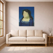 Unframed poster print of Fernando Botero's Woman displayed on a wall in a living room