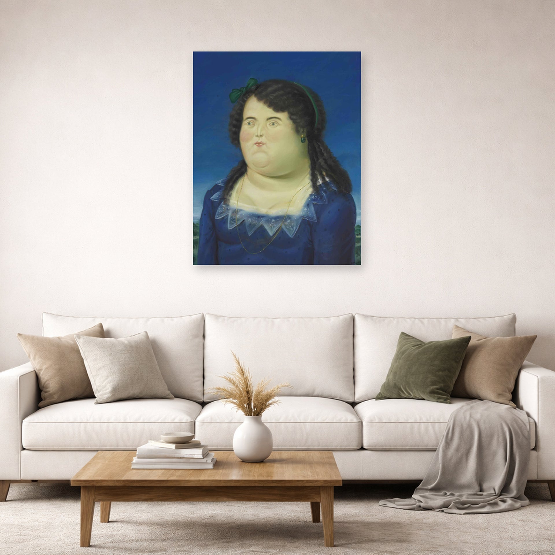 Unframed poster print of Fernando Botero's Woman displayed on a wall in a living room