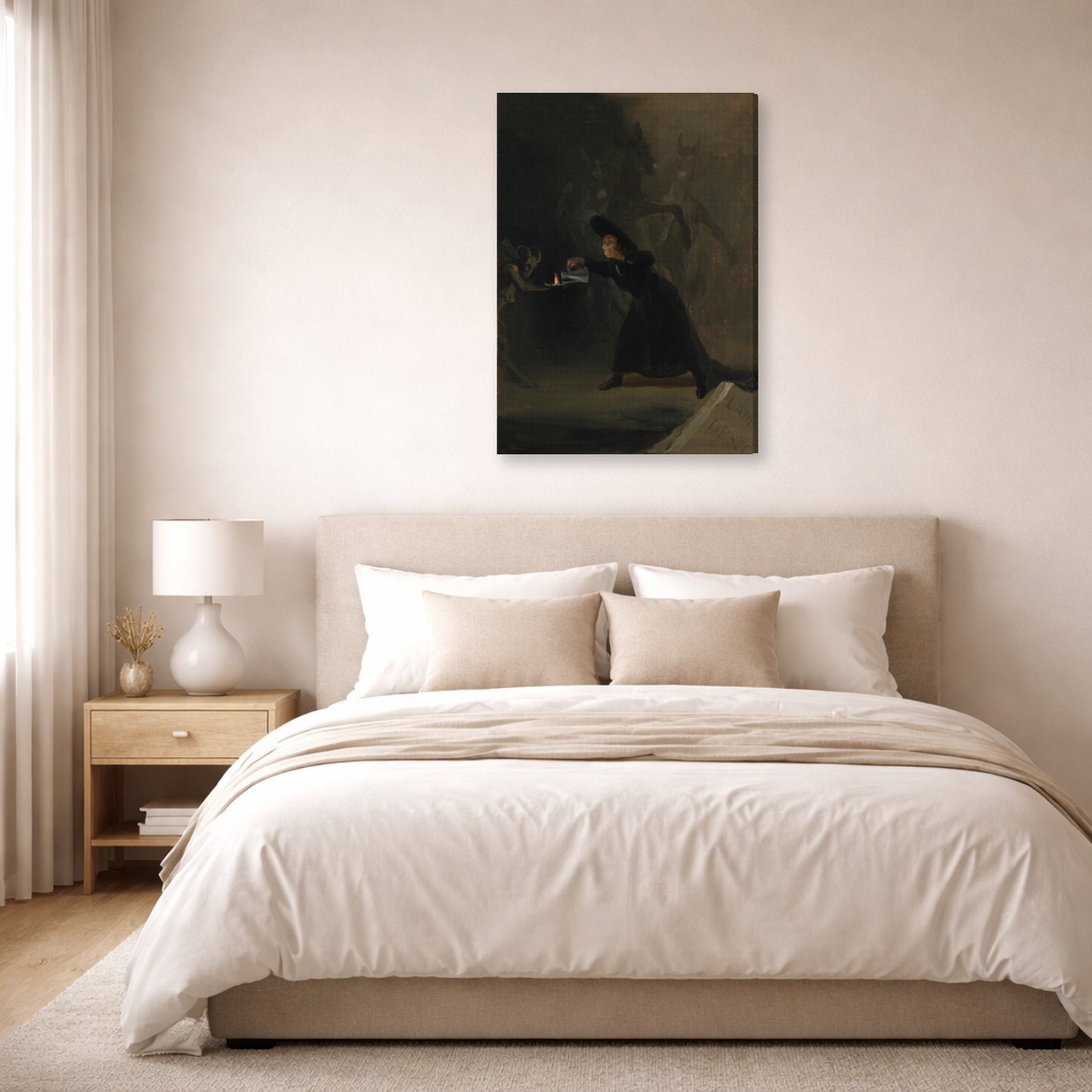 Gallery-wrapped canvas print of Francisco Goya's A Scene from The Forcibly Bewitched displayed on a wall in a bedroom