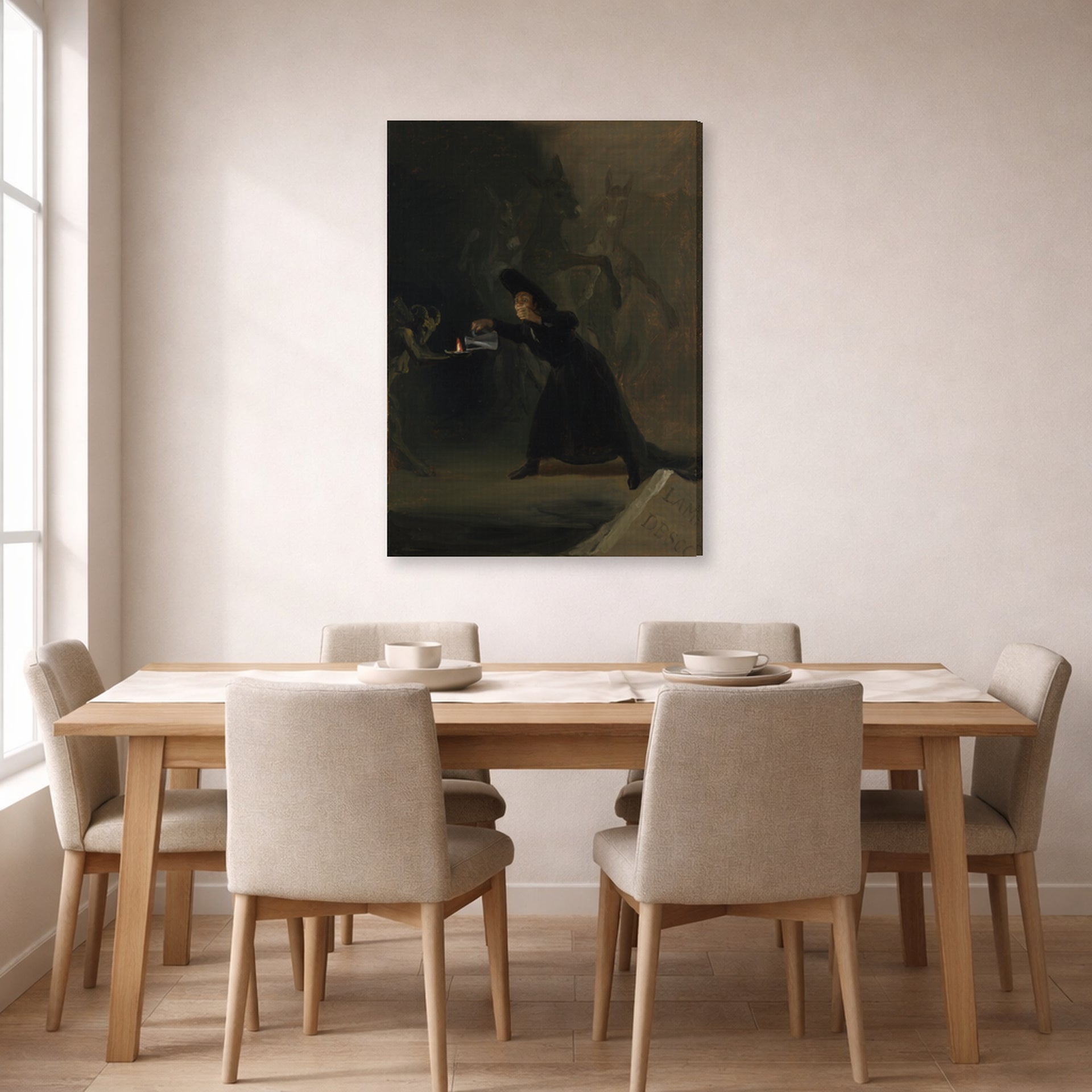 Gallery-wrapped canvas print of Francisco Goya's A Scene from The Forcibly Bewitched displayed on a wall in a dining room