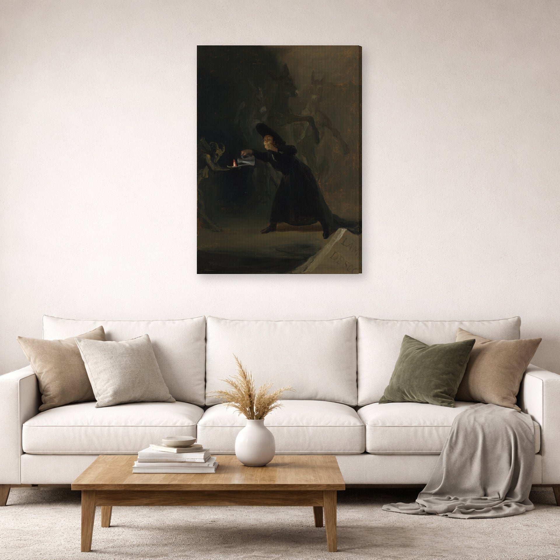 Gallery-wrapped canvas print of Francisco Goya's A Scene from The Forcibly Bewitched displayed on a wall in a second living room setting