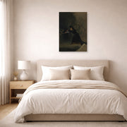 Unframed poster print of Francisco Goya's A Scene from The Forcibly Bewitched displayed on a wall in a bedroom