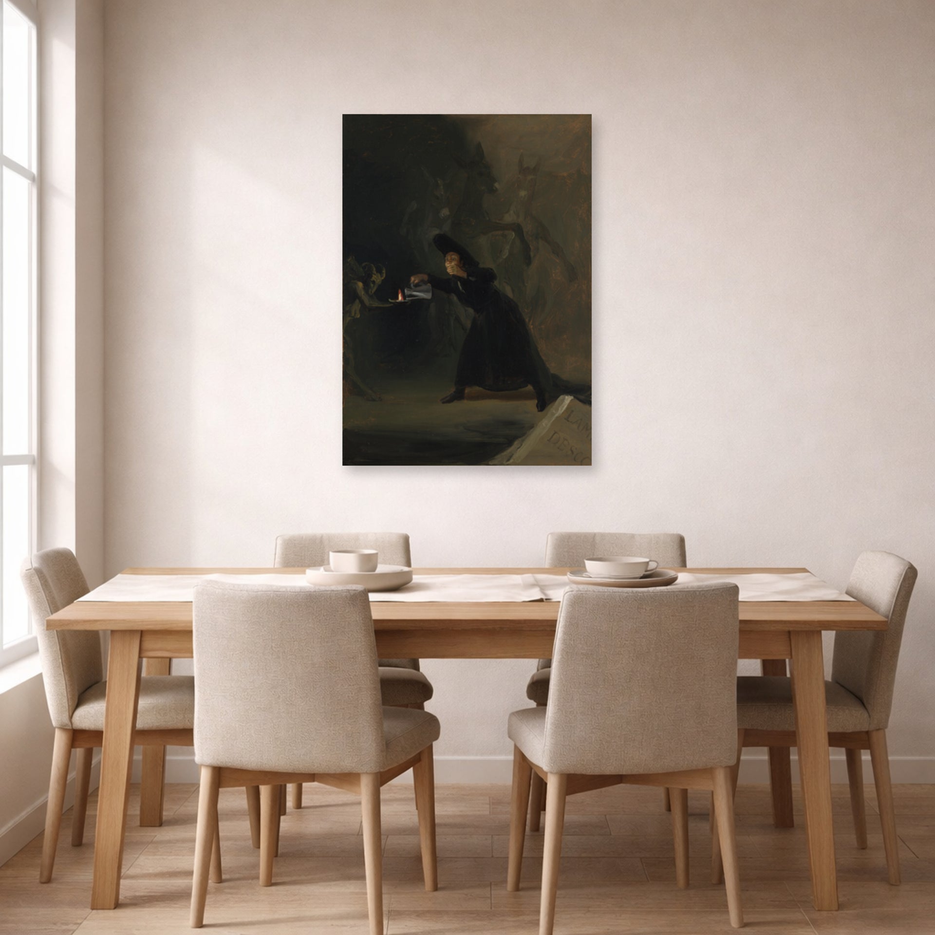 Unframed poster print of Francisco Goya's A Scene from The Forcibly Bewitched displayed on a wall in a dining room