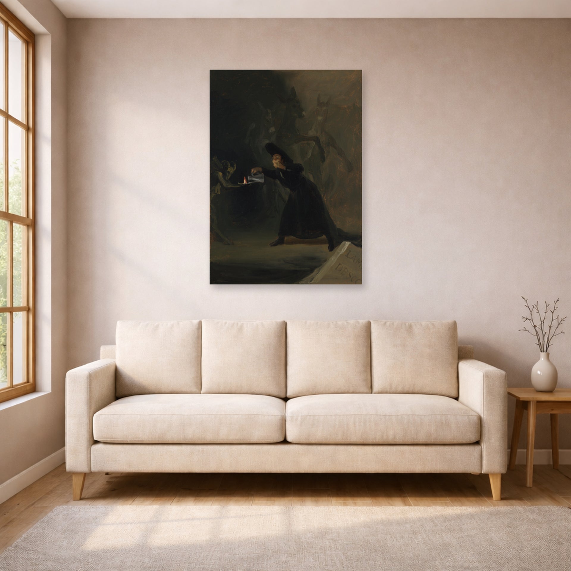 Unframed poster print of Francisco Goya's A Scene from The Forcibly Bewitched displayed on a wall in a living room