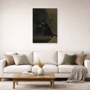 Unframed poster print of Francisco Goya's A Scene from The Forcibly Bewitched displayed on a wall in a second living room setting