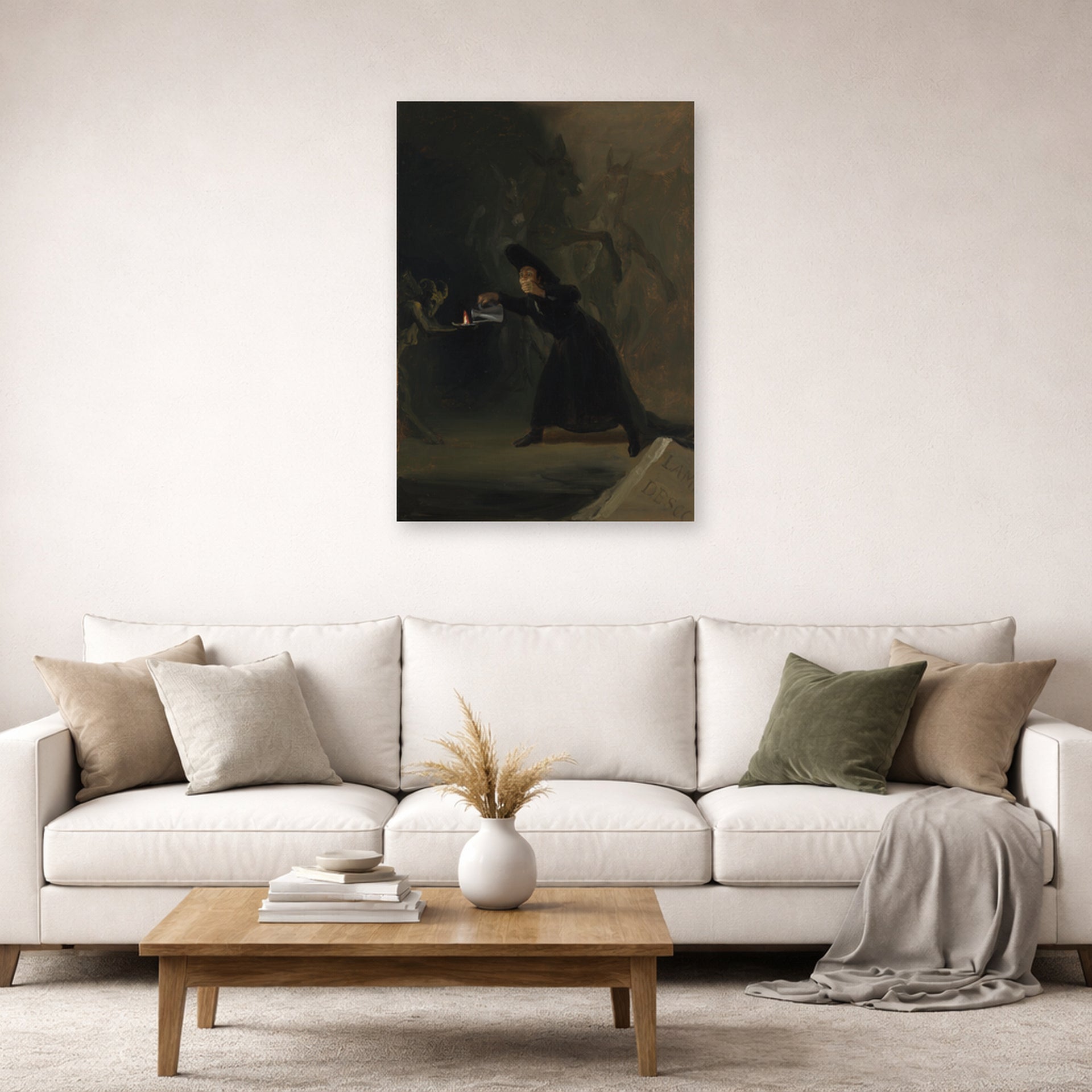 Unframed poster print of Francisco Goya's A Scene from The Forcibly Bewitched displayed on a wall in a second living room setting