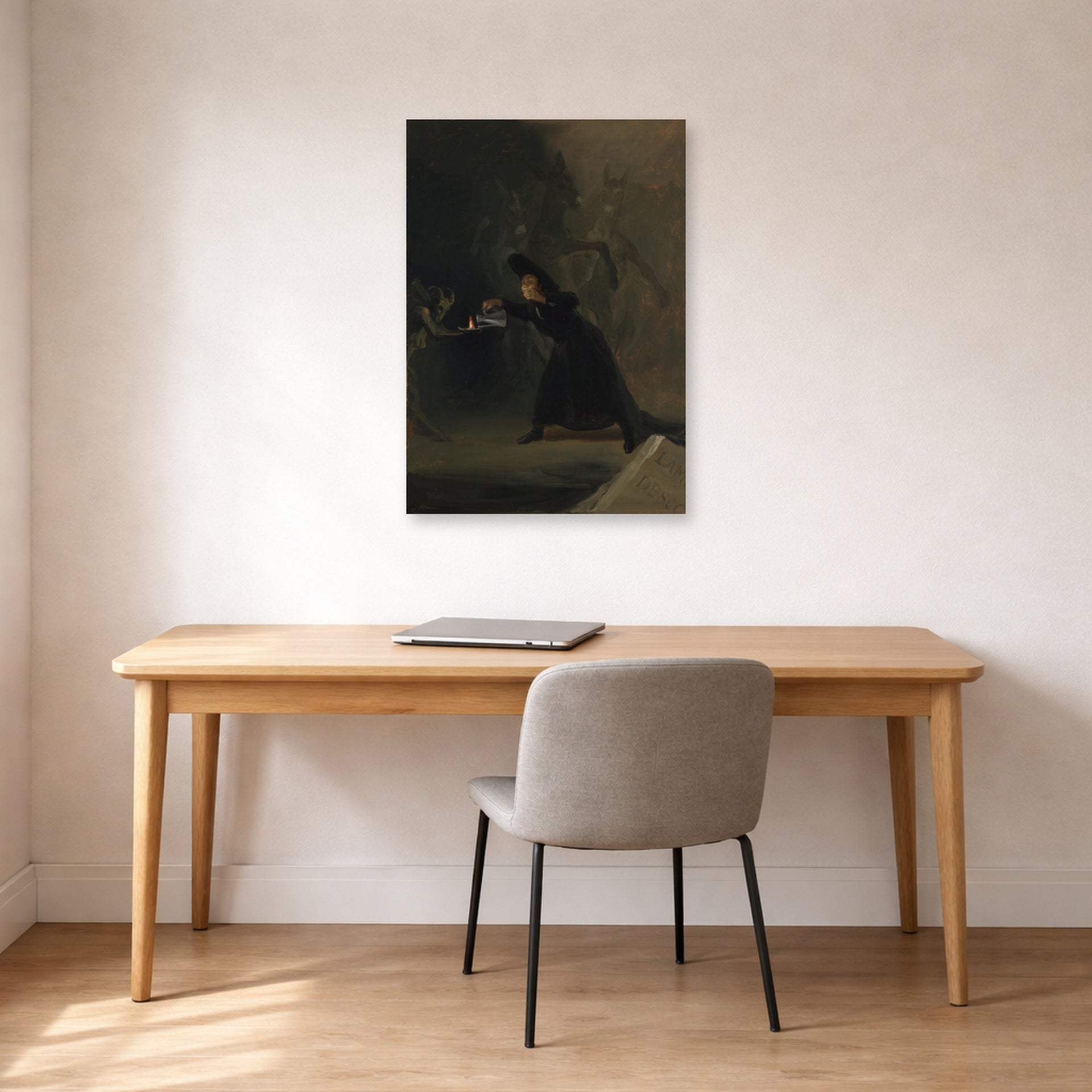 Unframed poster print of Francisco Goya's A Scene from The Forcibly Bewitched displayed on a wall in a office