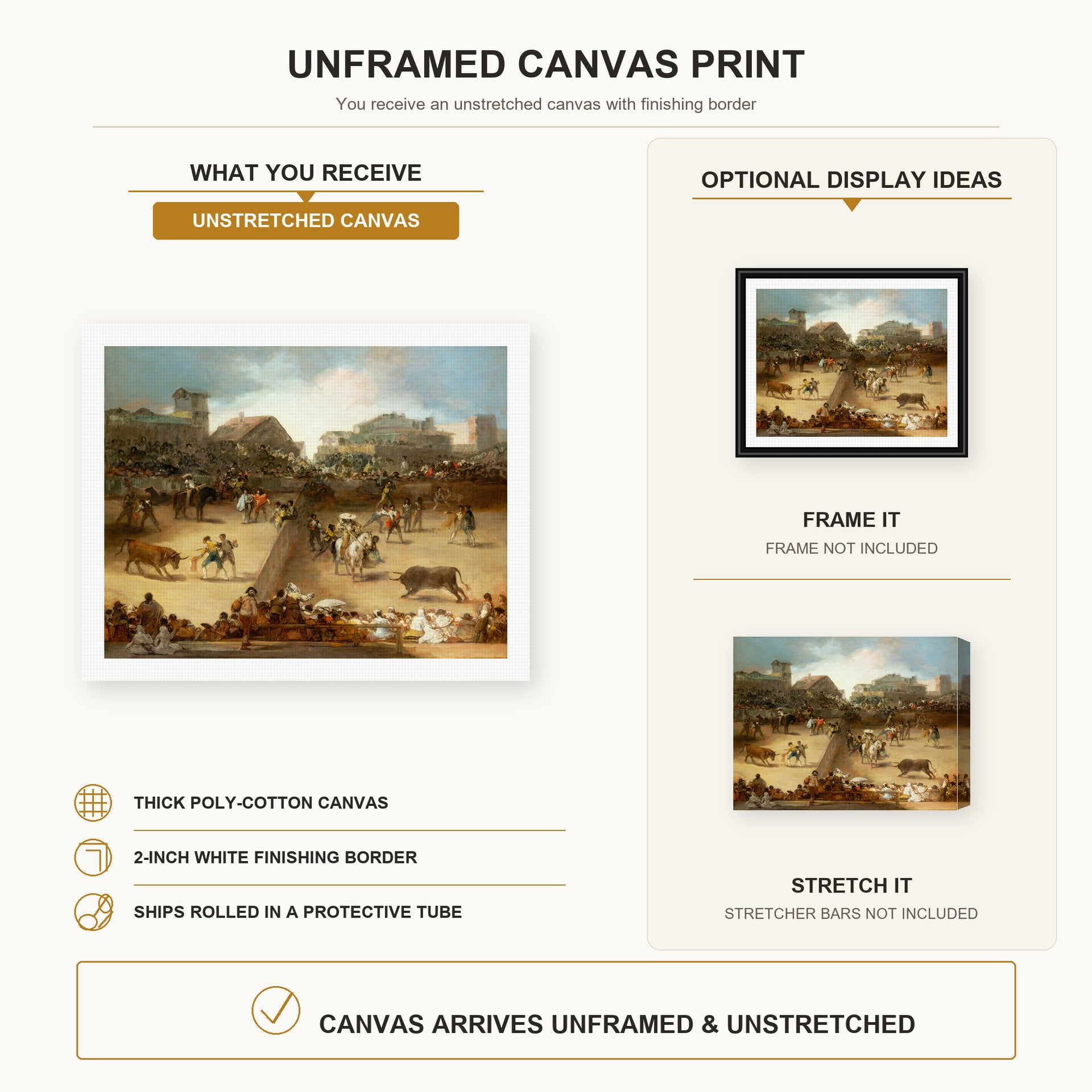 Francisco Goya - Bullfight in a Divided Ring canvas print size comparison and framing display infographic