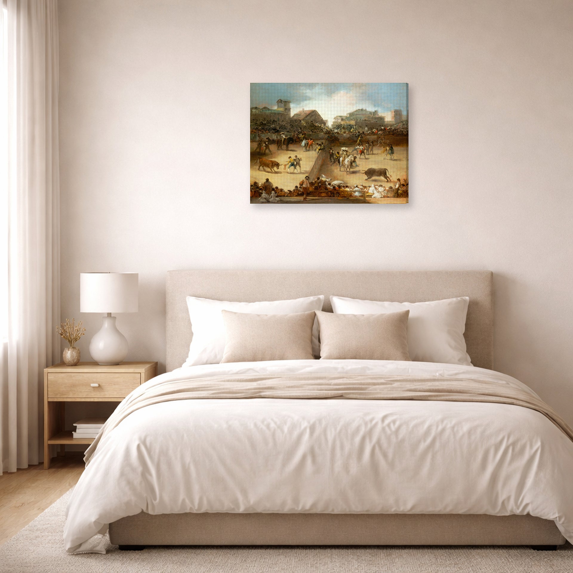 Gallery-wrapped canvas print of Francisco Goya's Bullfight in a Divided Ring displayed on a wall in a bedroom