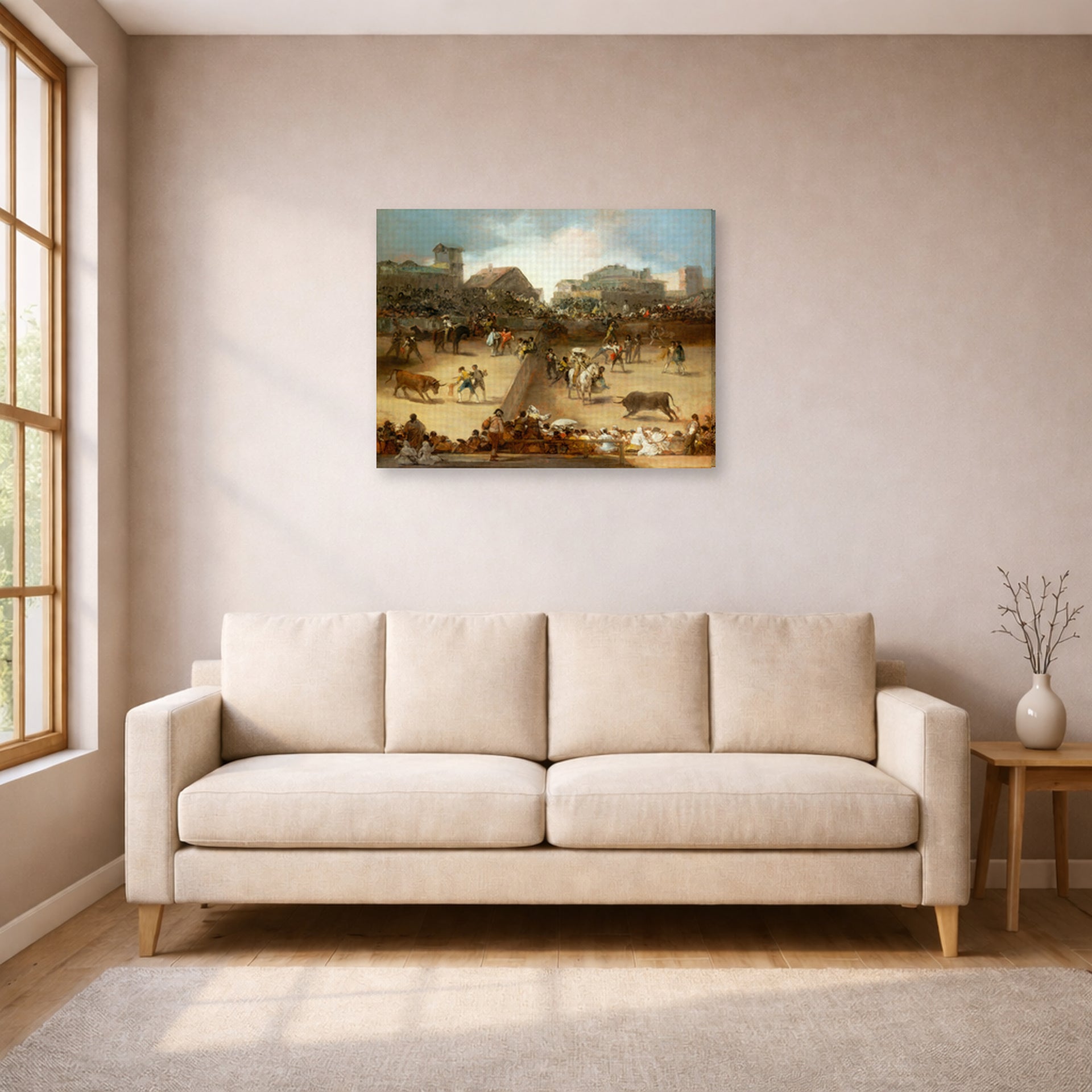Gallery-wrapped canvas print of Francisco Goya's Bullfight in a Divided Ring displayed on a wall in a living room