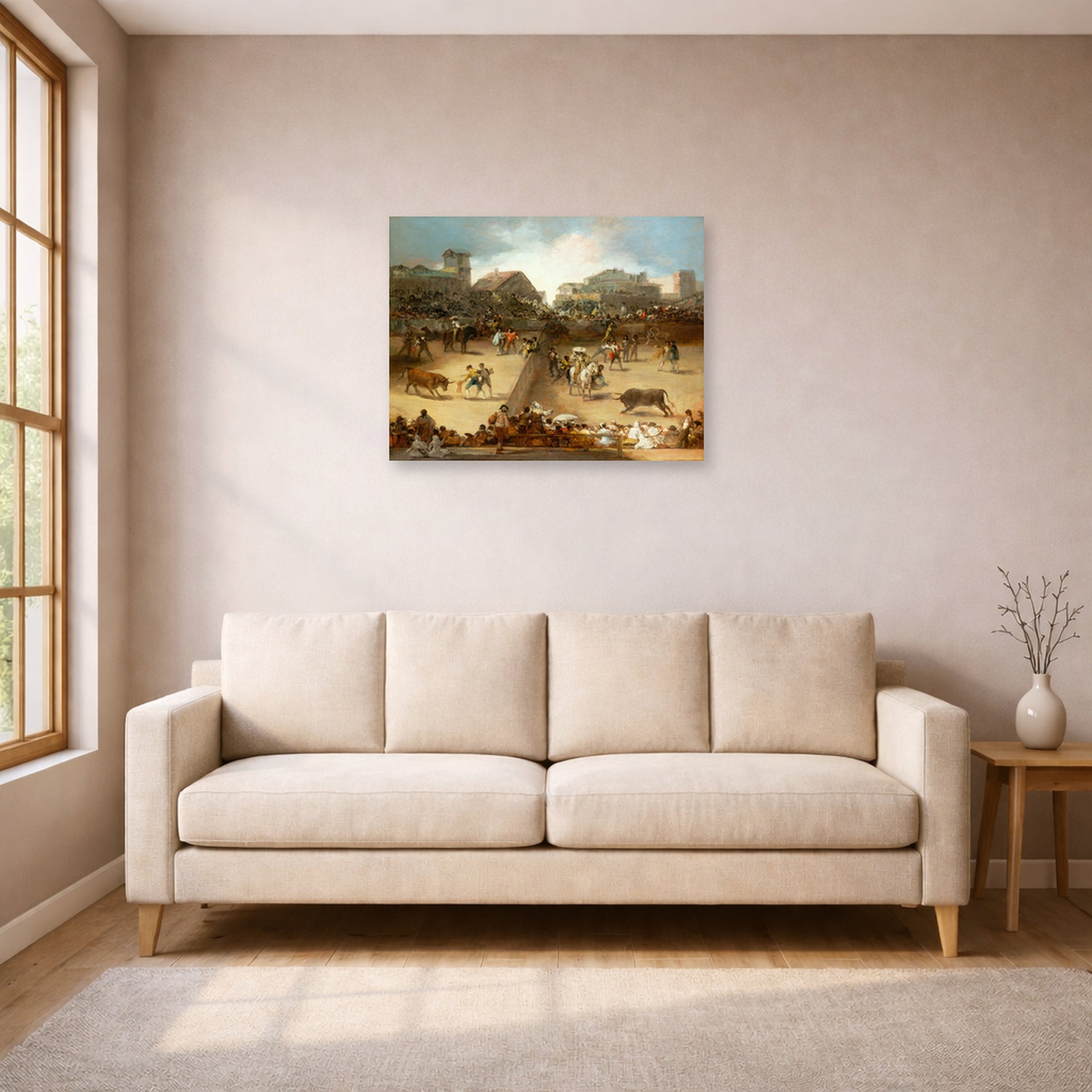 Unframed poster print of Francisco Goya's Bullfight in a Divided Ring displayed on a wall in a living room