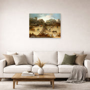 Unframed poster print of Francisco Goya's Bullfight in a Divided Ring displayed on a wall in a second living room setting