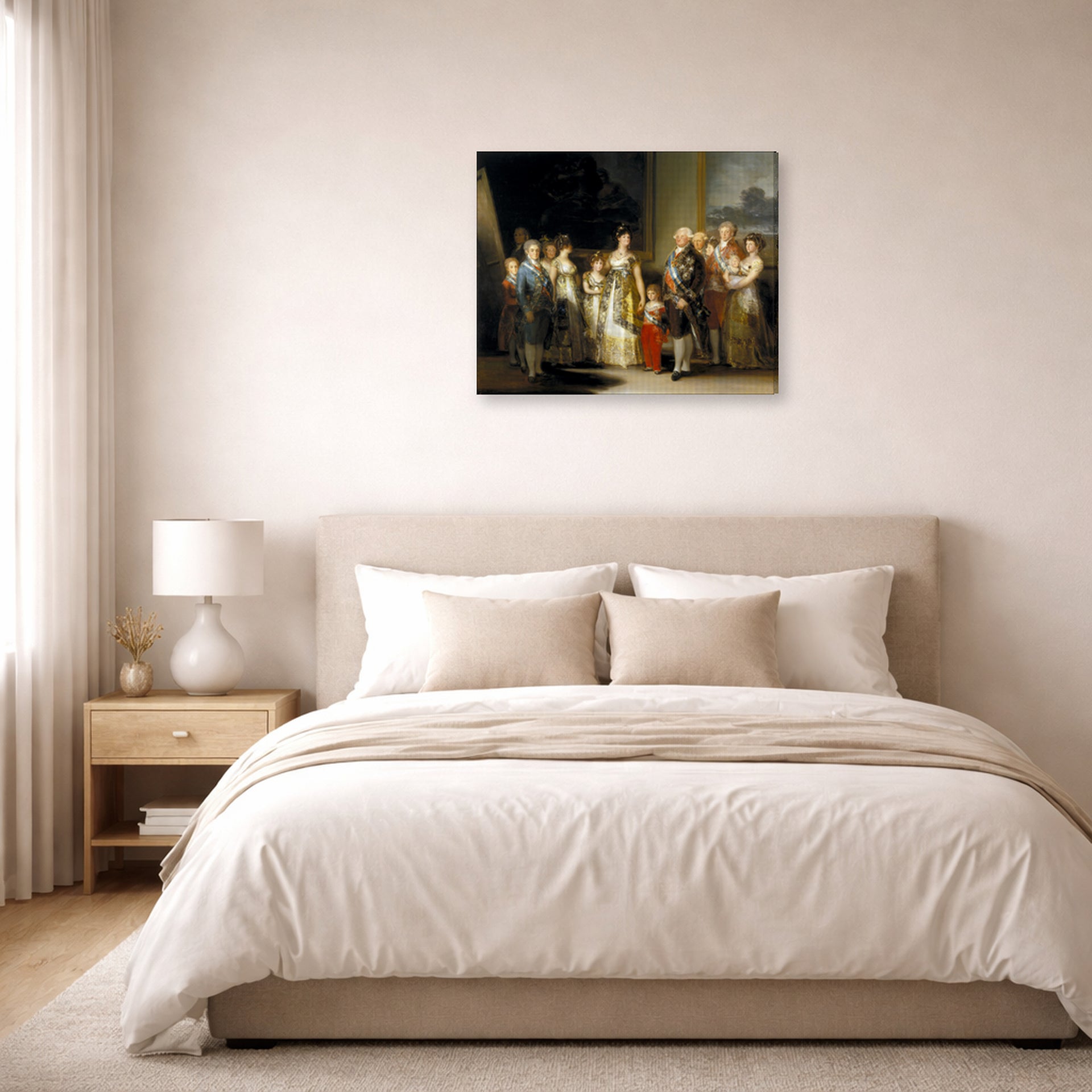 Gallery-wrapped canvas print of Francisco Goya's Charles IV of Spain and His Family displayed on a wall in a bedroom