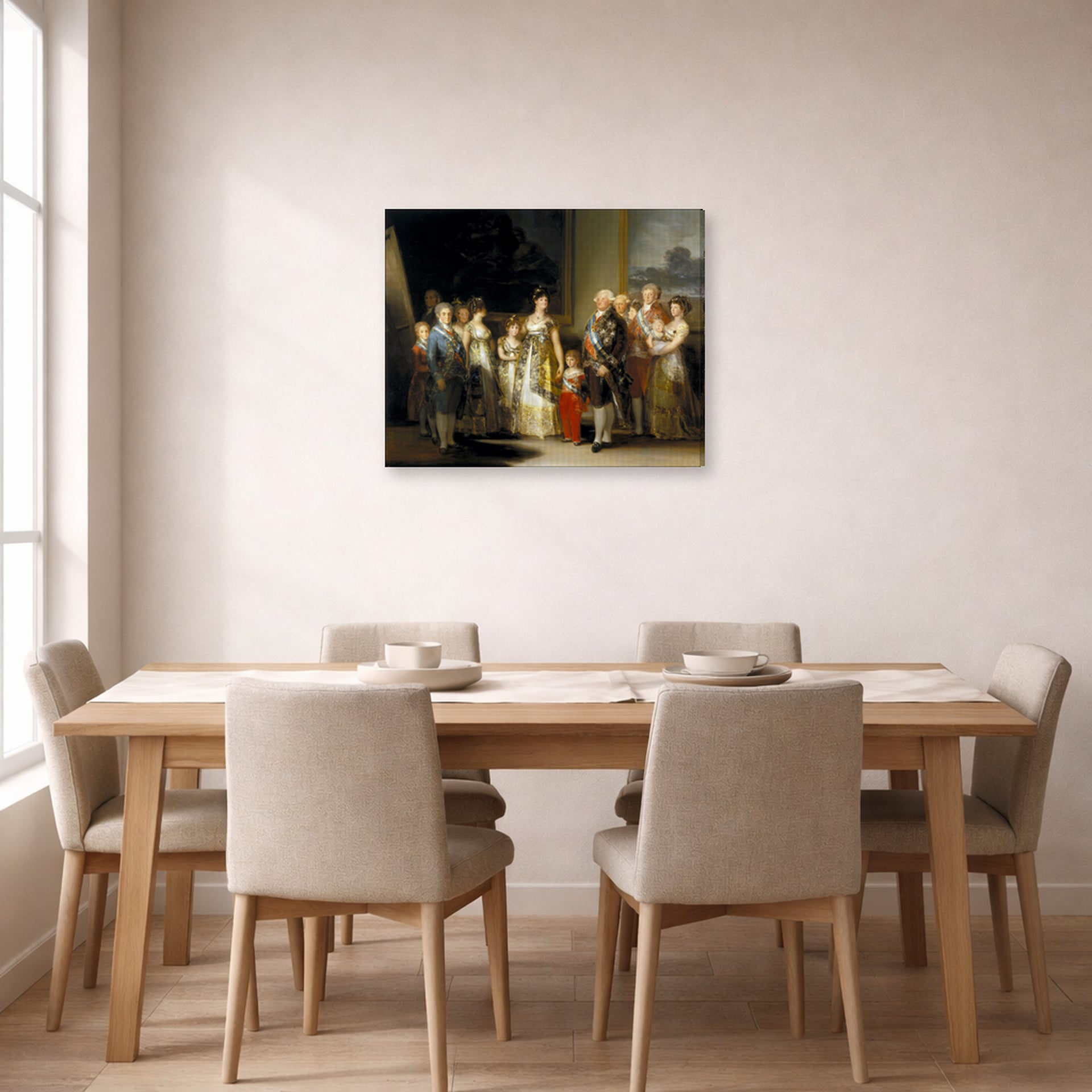 Gallery-wrapped canvas print of Francisco Goya's Charles IV of Spain and His Family displayed on a wall in a dining room