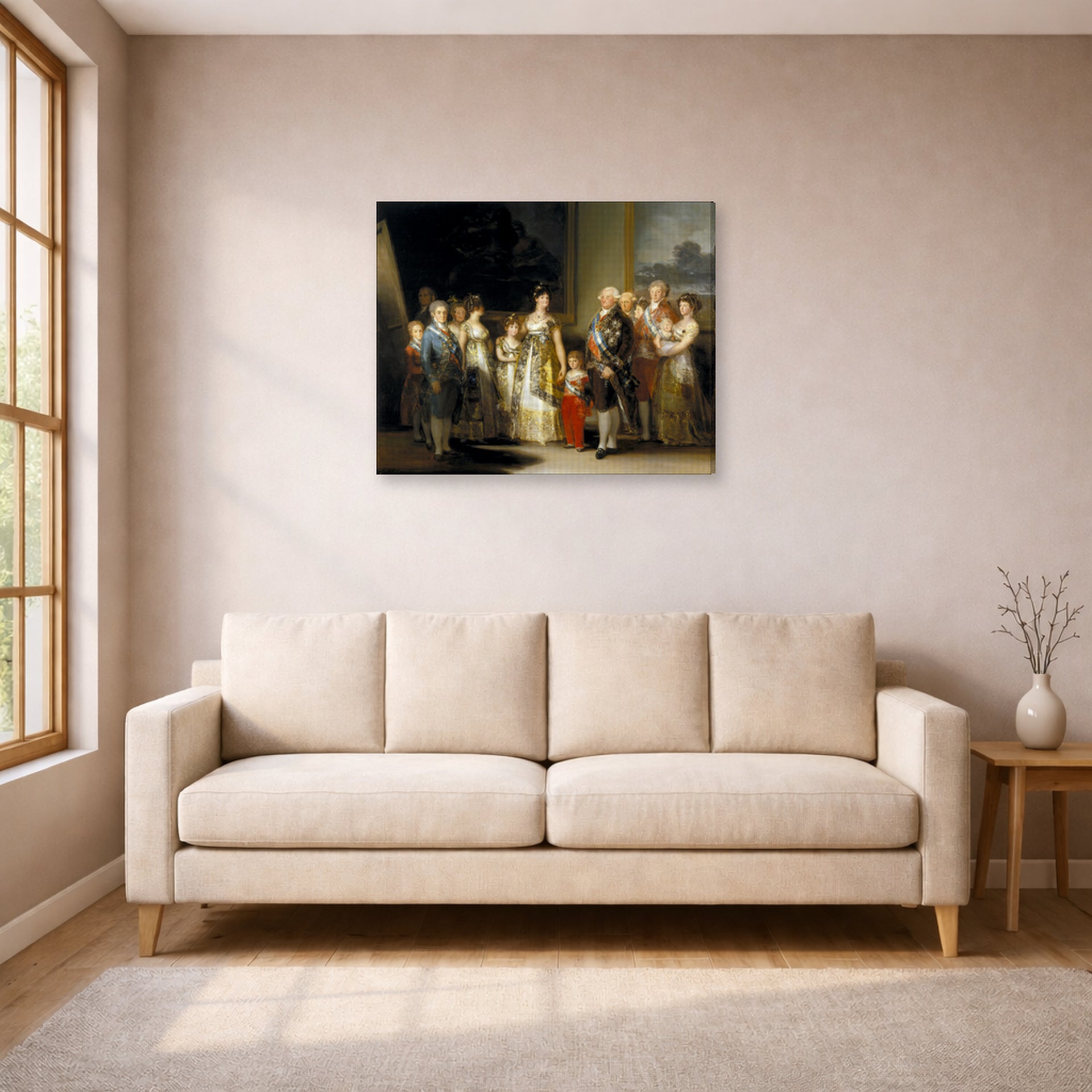 Gallery-wrapped canvas print of Francisco Goya's Charles IV of Spain and His Family displayed on a wall in a living room