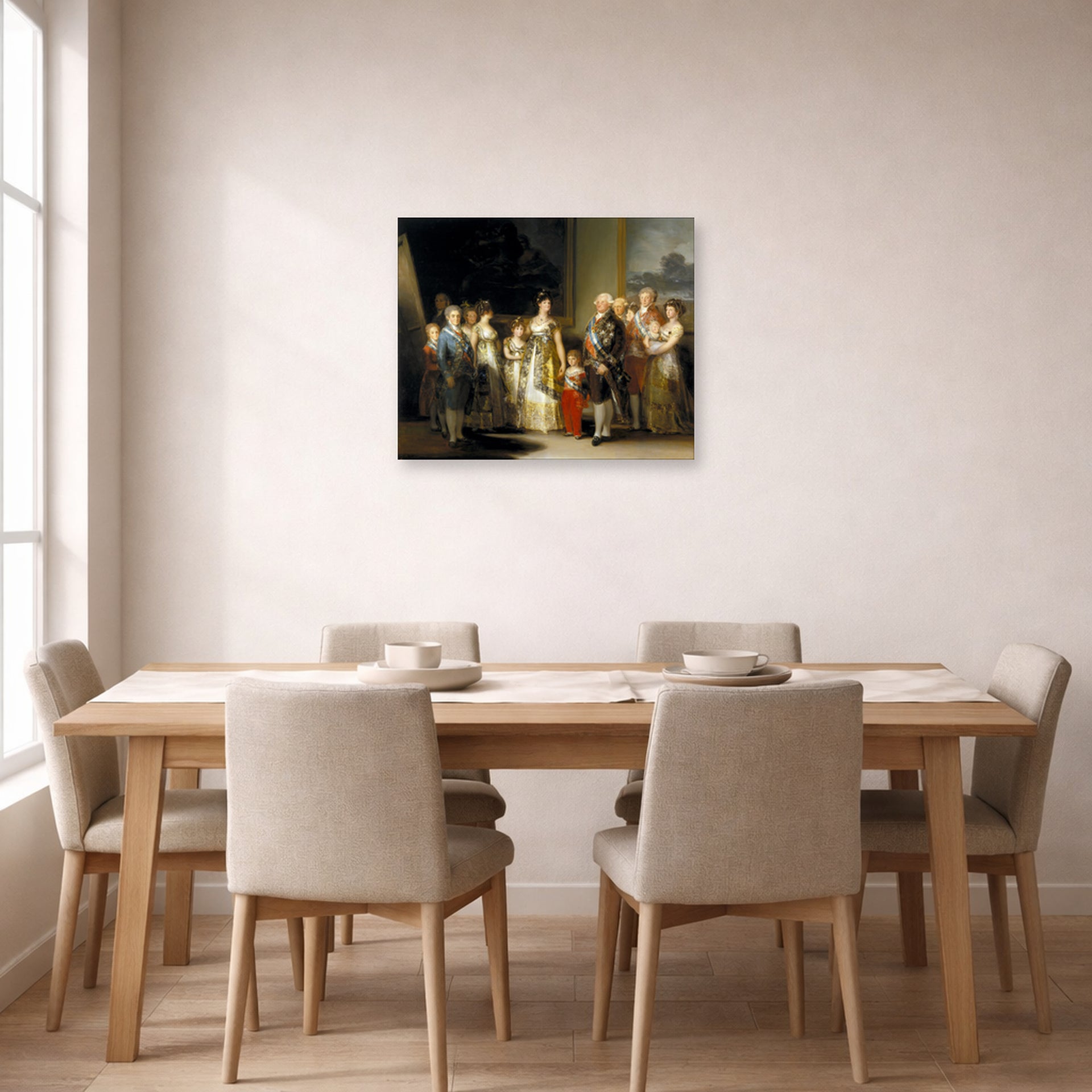 Unframed poster print of Francisco Goya's Charles IV of Spain and His Family displayed on a wall in a dining room
