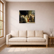 Unframed poster print of Francisco Goya's Charles IV of Spain and His Family displayed on a wall in a living room