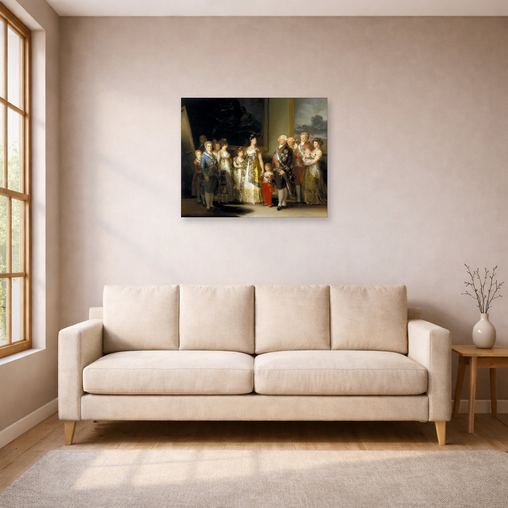 Unframed poster print of Francisco Goya's Charles IV of Spain and His Family displayed on a wall in a living room