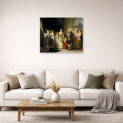 Unframed poster print of Francisco Goya's Charles IV of Spain and His Family displayed on a wall in a second living room setting
