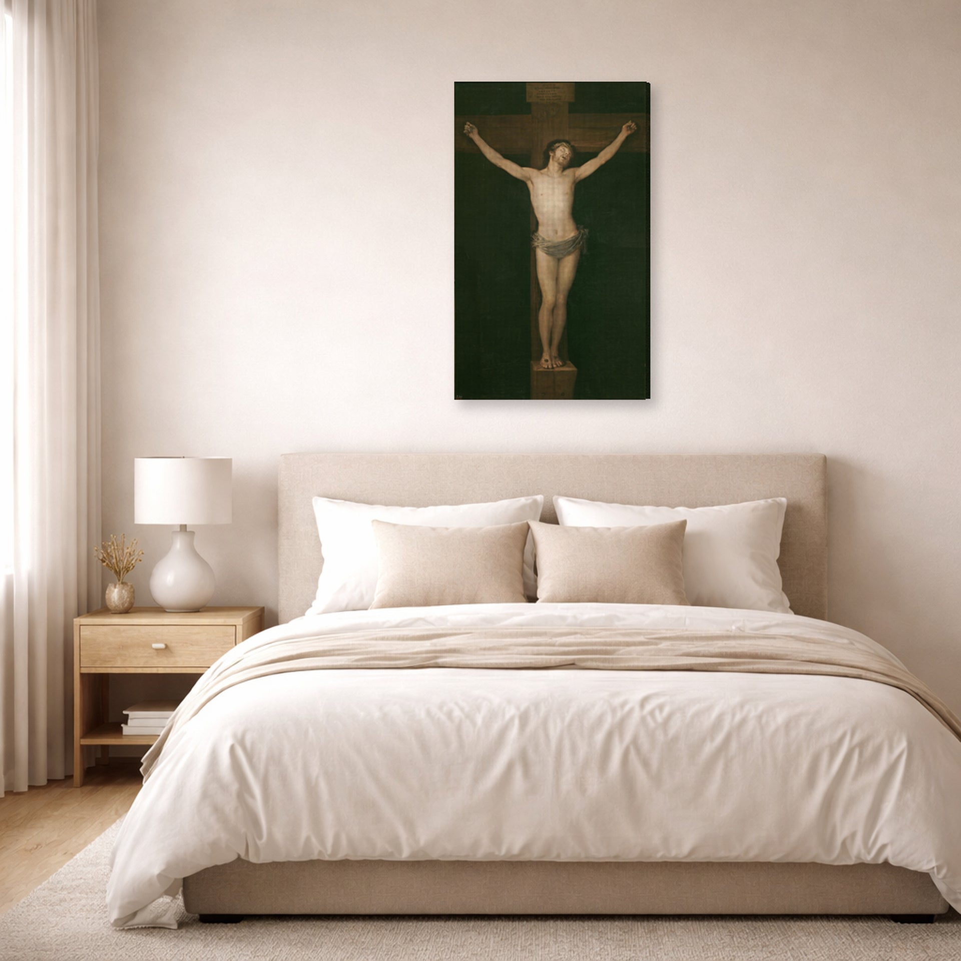 Gallery-wrapped canvas print of Francisco Goya's Christ Crucified displayed on a wall in a bedroom