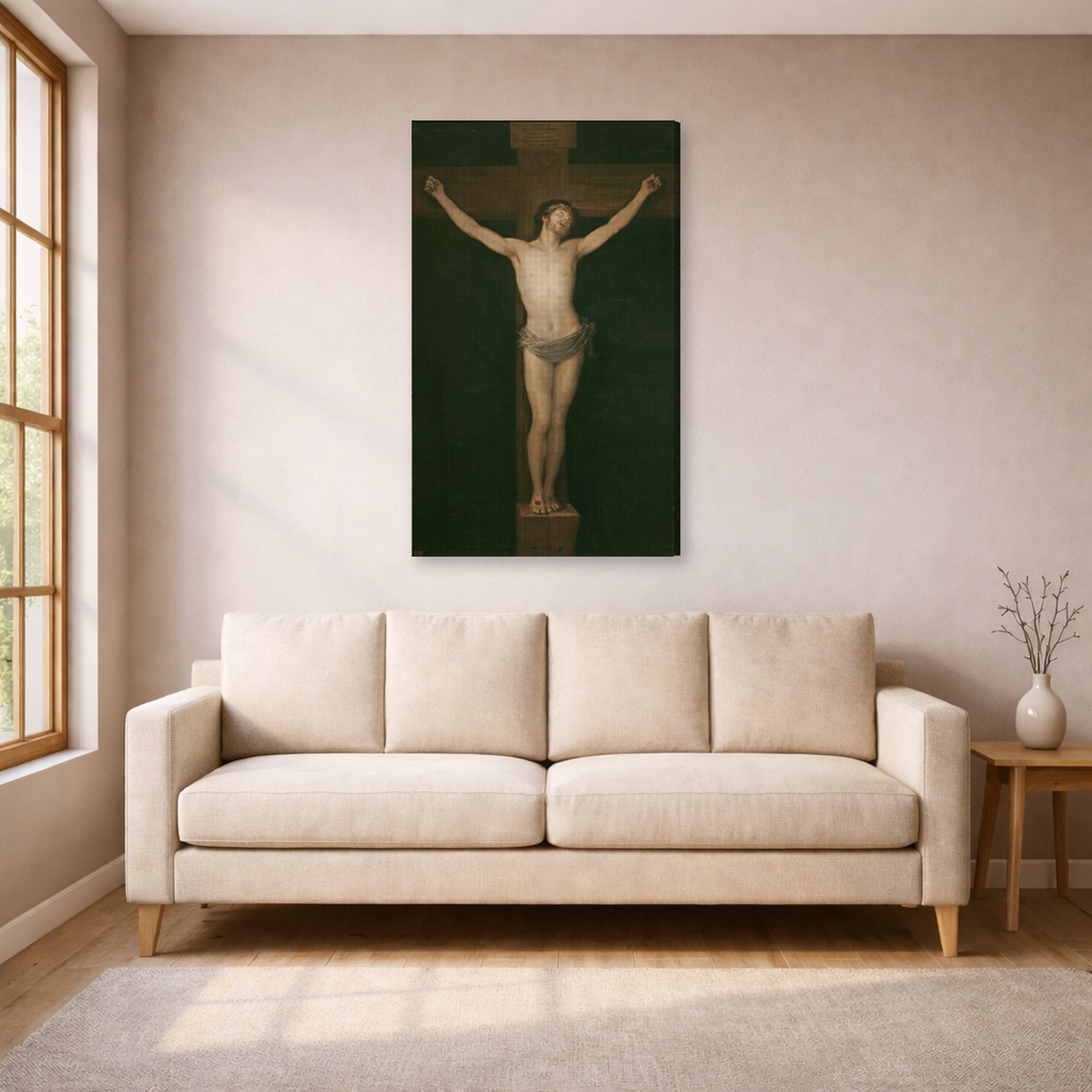 Gallery-wrapped canvas print of Francisco Goya's Christ Crucified displayed on a wall in a living room
