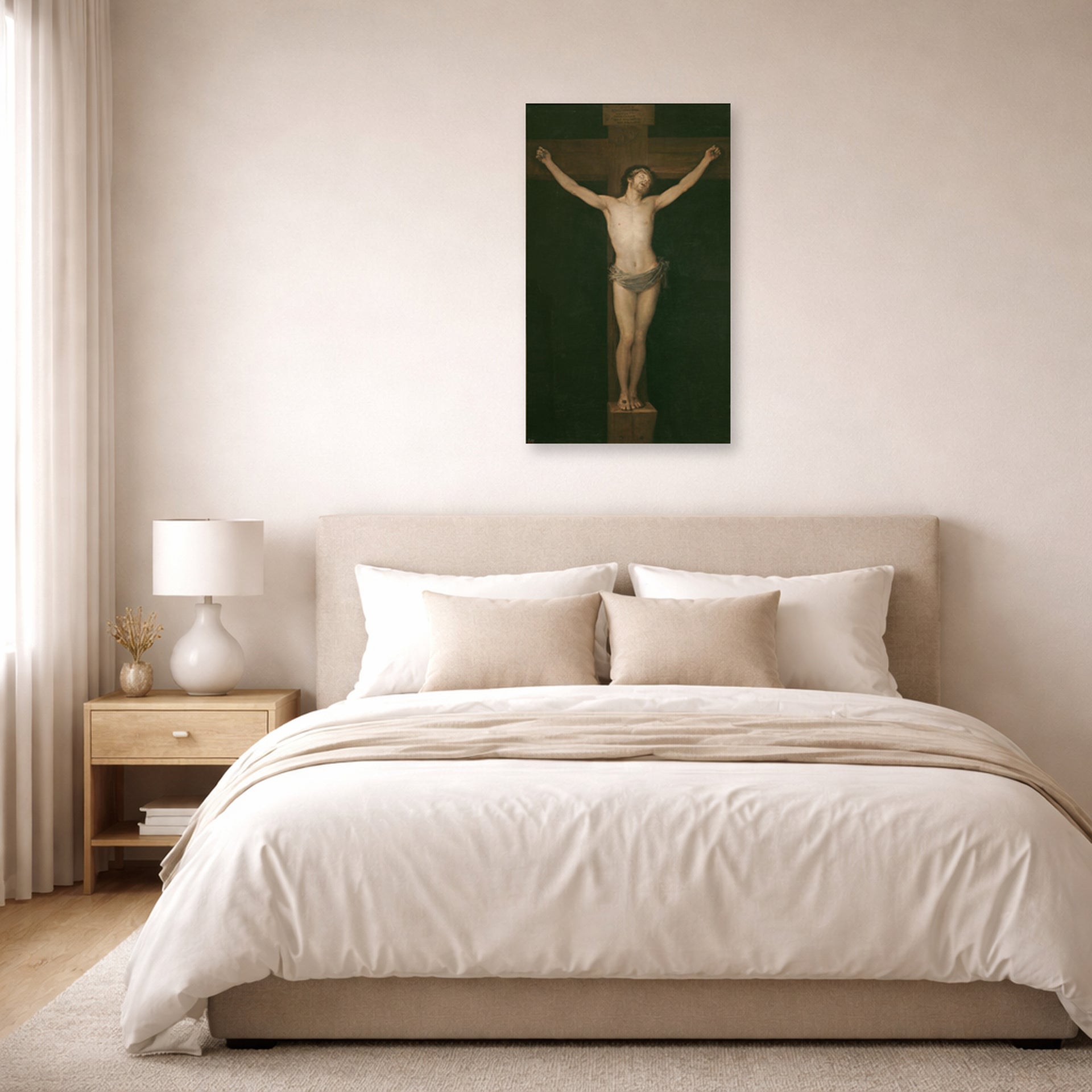 Unframed poster print of Francisco Goya's Christ Crucified displayed on a wall in a bedroom