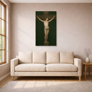 Unframed poster print of Francisco Goya's Christ Crucified displayed on a wall in a living room