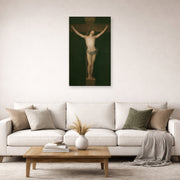 Unframed poster print of Francisco Goya's Christ Crucified displayed on a wall in a second living room setting