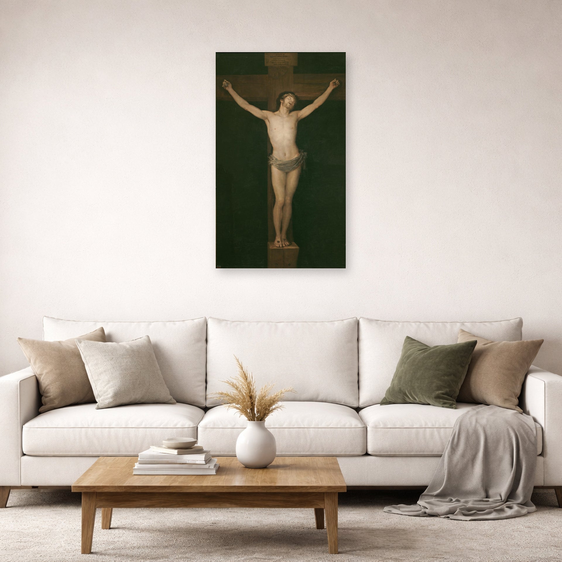 Unframed poster print of Francisco Goya's Christ Crucified displayed on a wall in a second living room setting