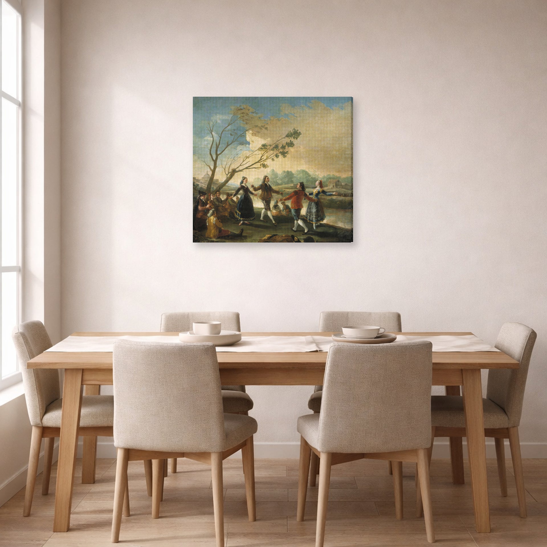 Gallery-wrapped canvas print of Francisco Goya's Dance of the Majos at the Banks of Manzanares displayed on a wall in a dining room