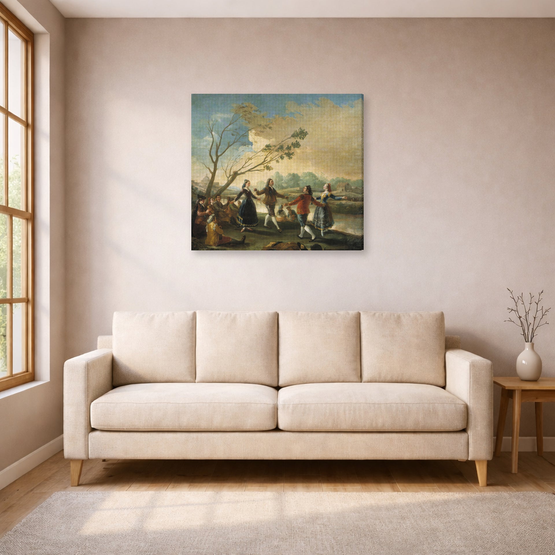 Gallery-wrapped canvas print of Francisco Goya's Dance of the Majos at the Banks of Manzanares displayed on a wall in a living room