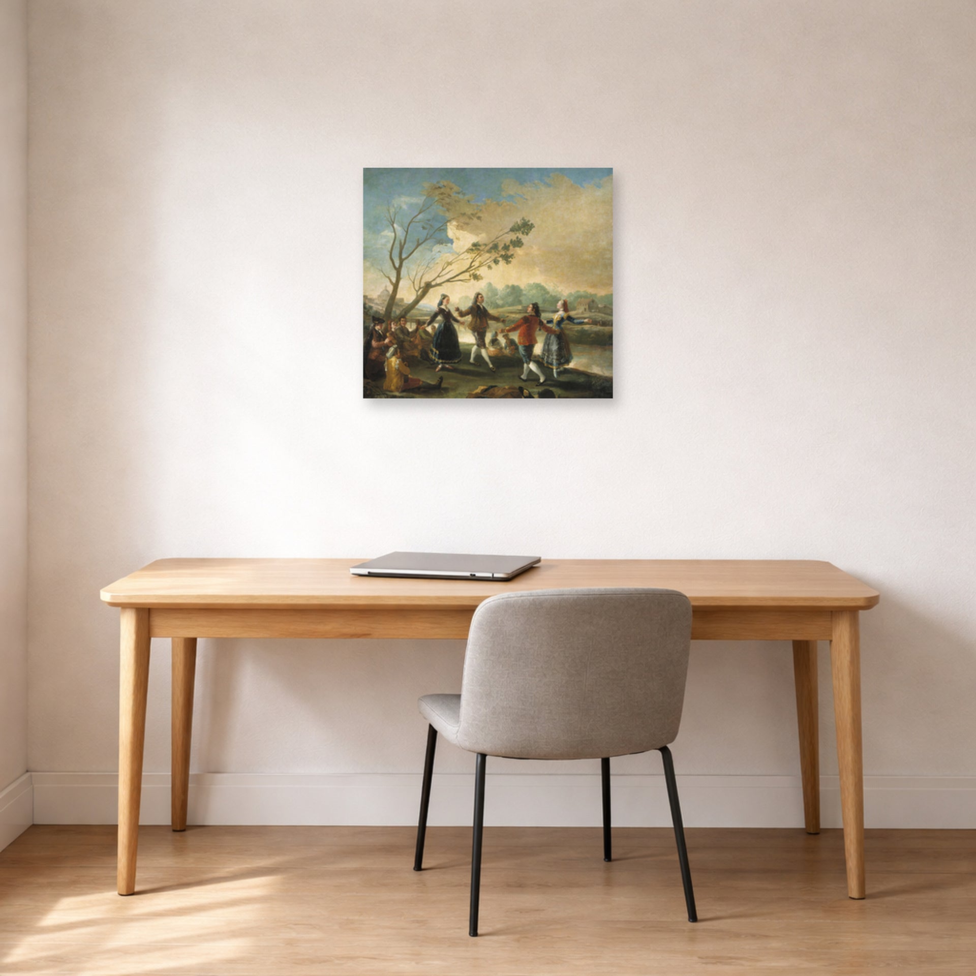 Unframed poster print of Francisco Goya's Dance of the Majos at the Banks of Manzanares displayed on a wall in a office
