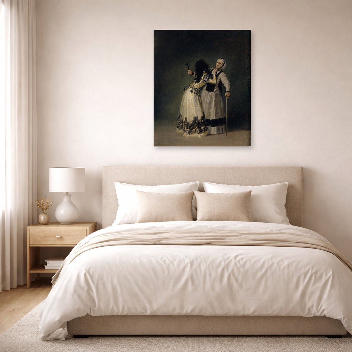 Gallery-wrapped canvas print of Francisco Goya's Duchess of Alba and la Beata displayed on a wall in a bedroom