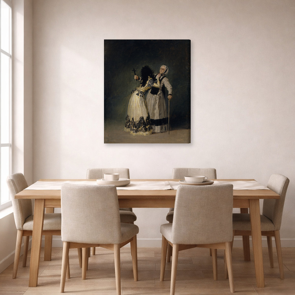 Gallery-wrapped canvas print of Francisco Goya's Duchess of Alba and la Beata displayed on a wall in a dining room