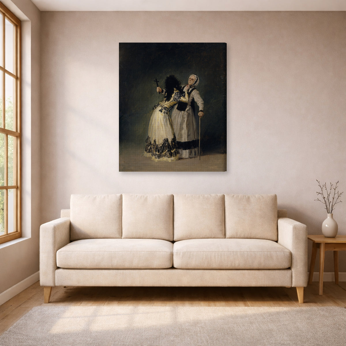 Gallery-wrapped canvas print of Francisco Goya's Duchess of Alba and la Beata displayed on a wall in a living room