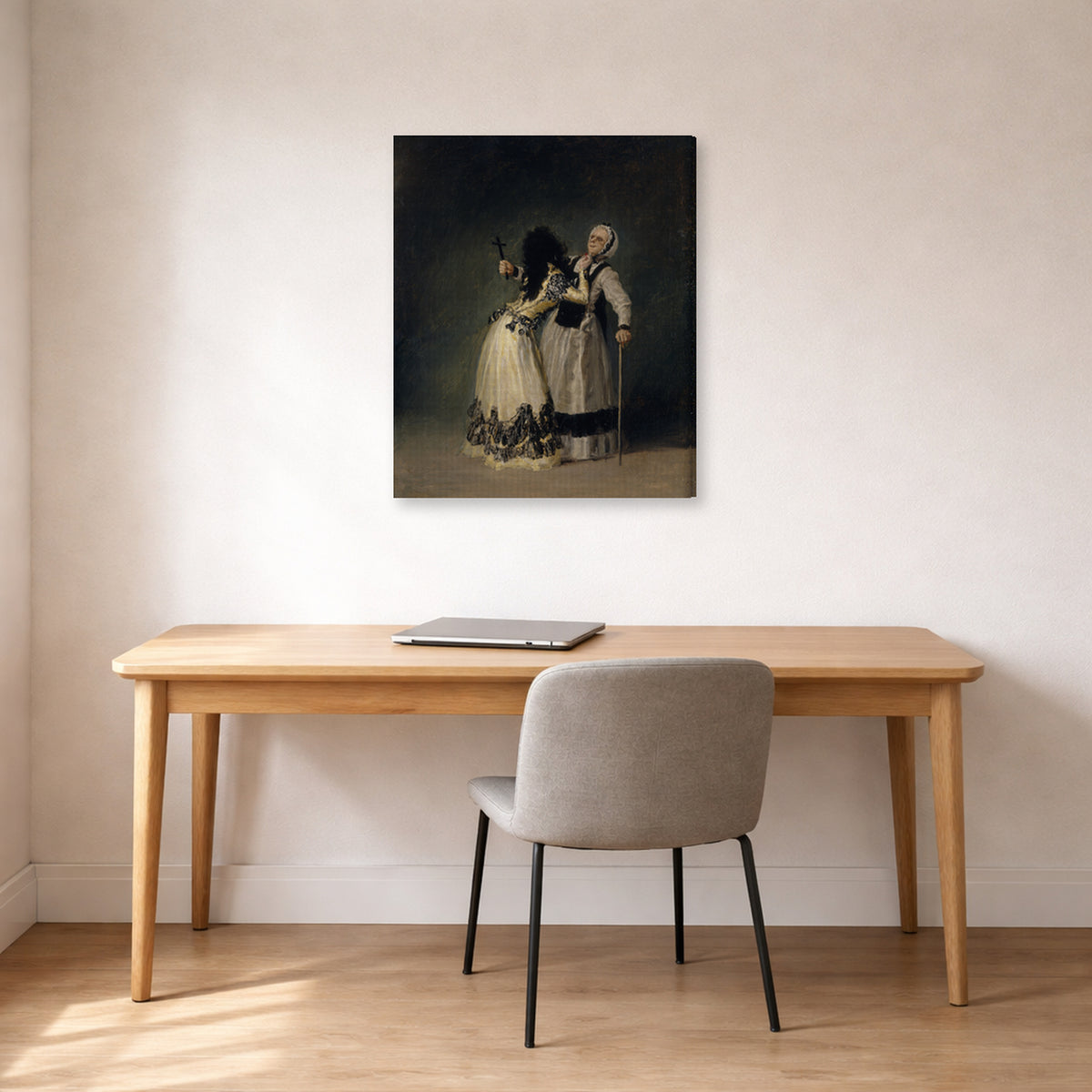 Gallery-wrapped canvas print of Francisco Goya's Duchess of Alba and la Beata displayed on a wall in a office