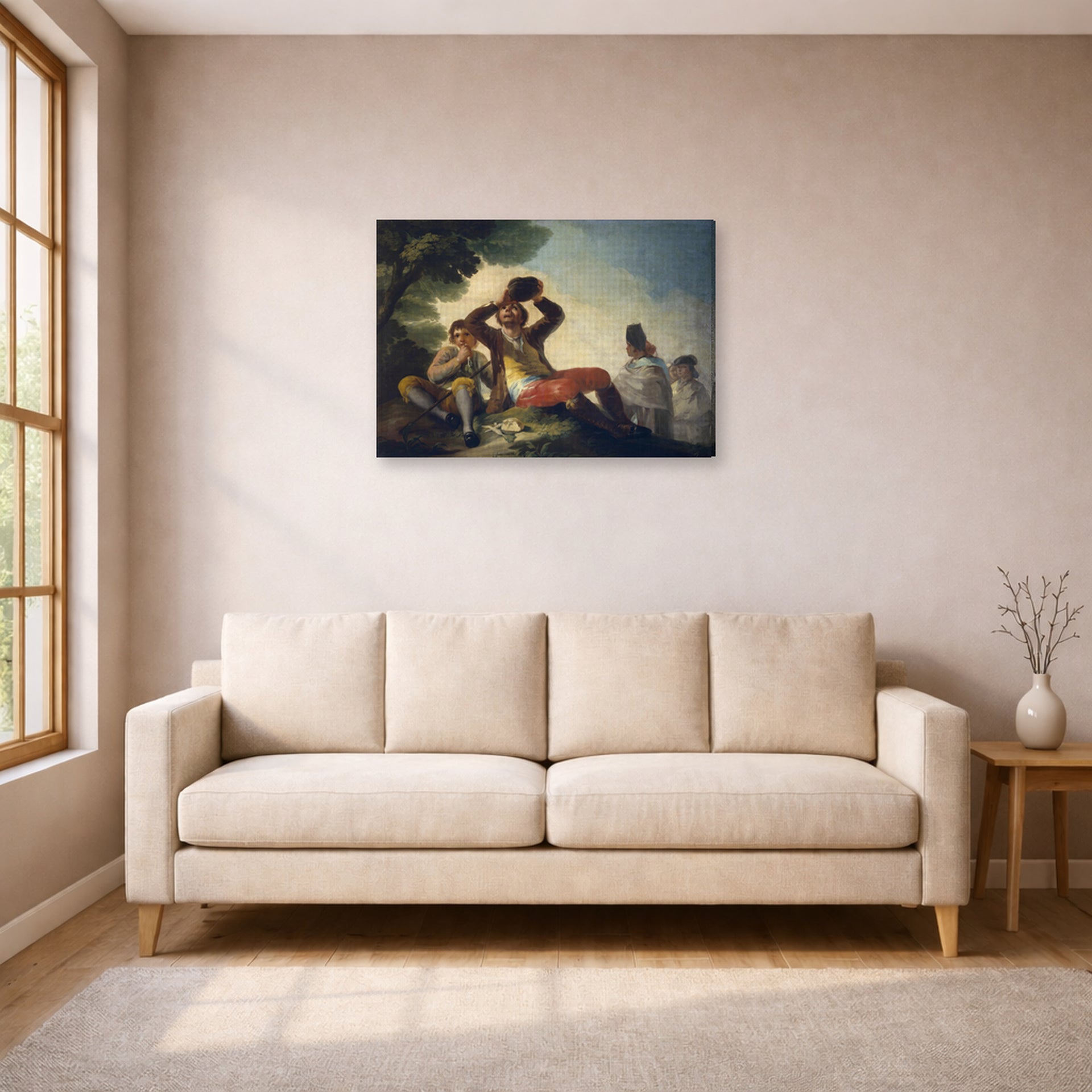Gallery-wrapped canvas print of Francisco Goya's El Bebedor displayed on a wall in a living room