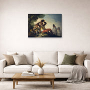 Gallery-wrapped canvas print of Francisco Goya's El Bebedor displayed on a wall in a second living room setting