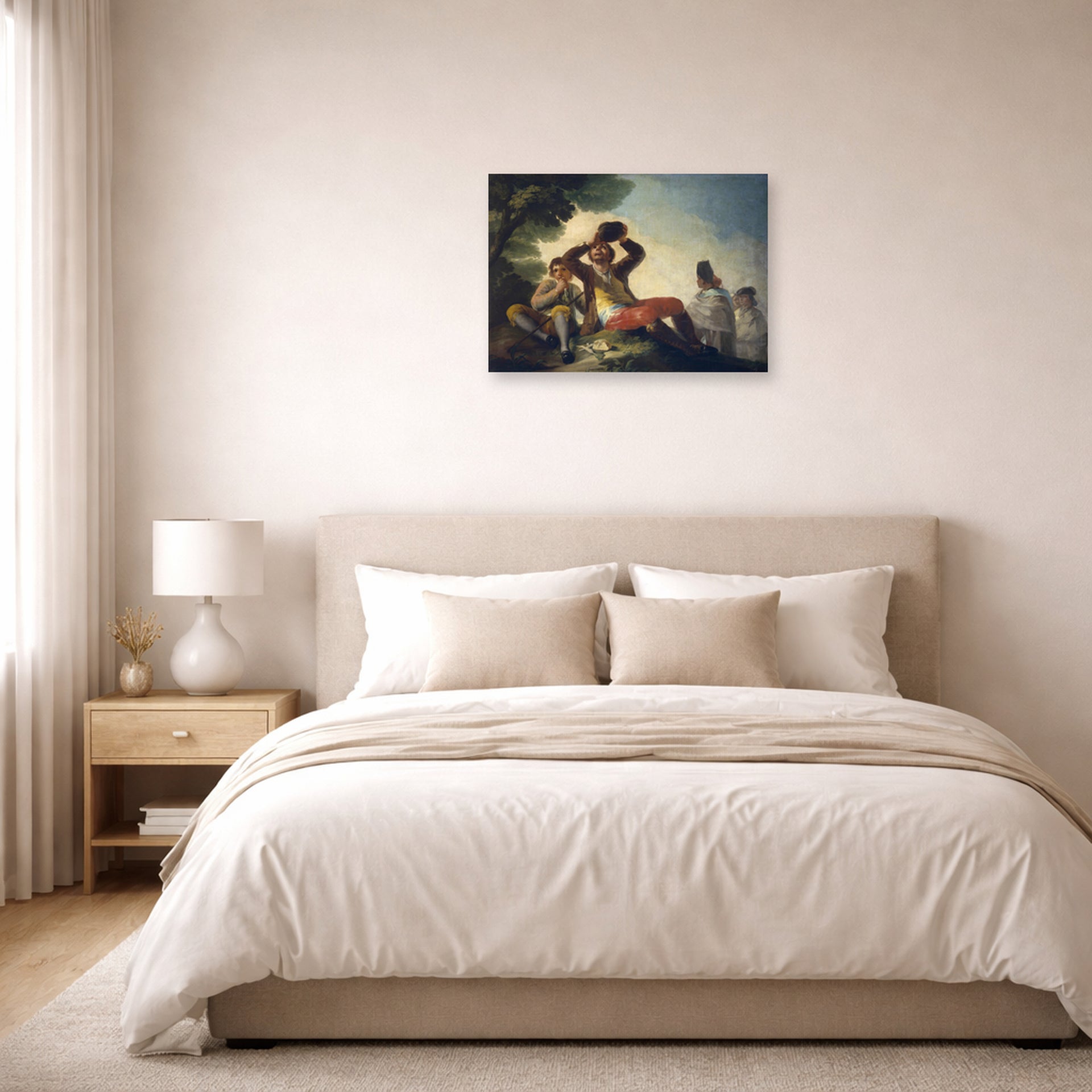 Unframed poster print of Francisco Goya's El Bebedor displayed on a wall in a bedroom