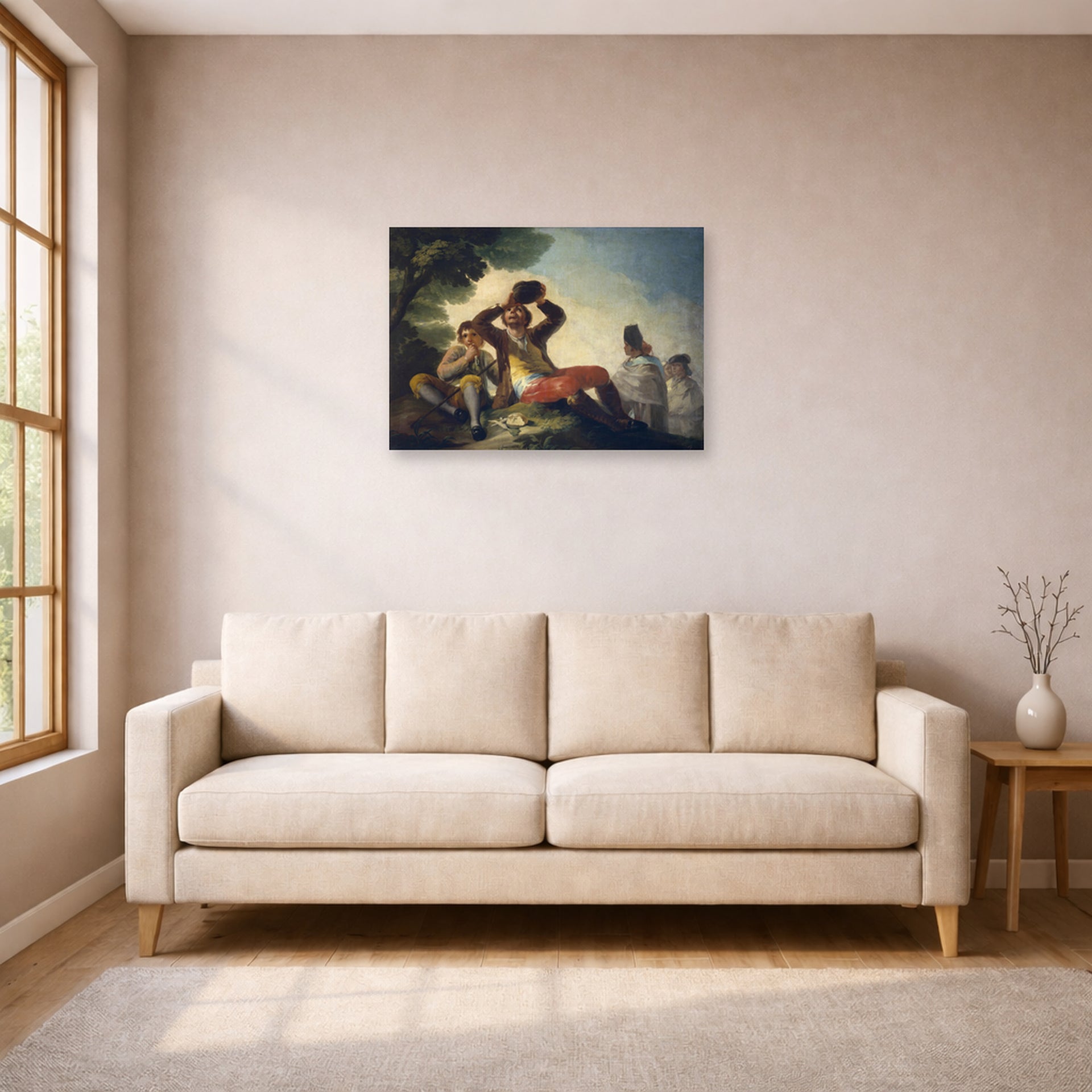 Unframed poster print of Francisco Goya's El Bebedor displayed on a wall in a living room