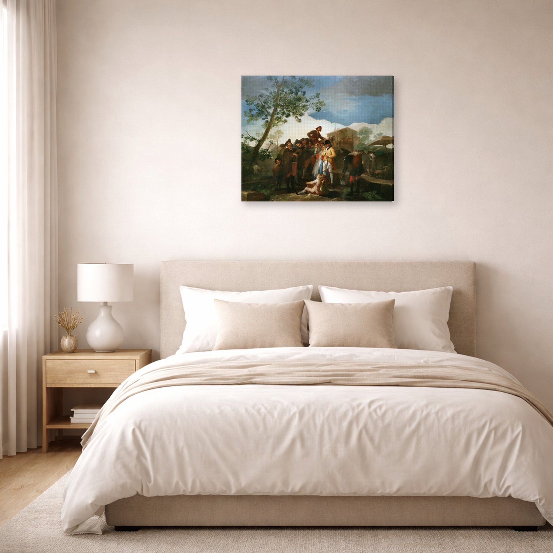 Gallery-wrapped canvas print of Francisco Goya's El ciego de la guitarra displayed on a wall in a bedroom