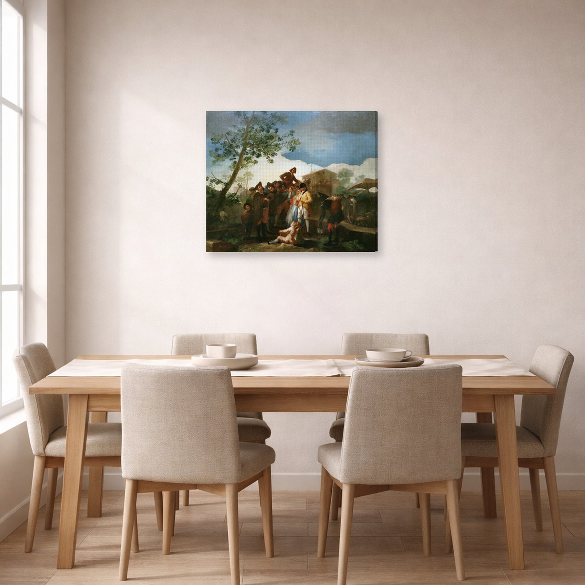 Gallery-wrapped canvas print of Francisco Goya's El ciego de la guitarra displayed on a wall in a dining room