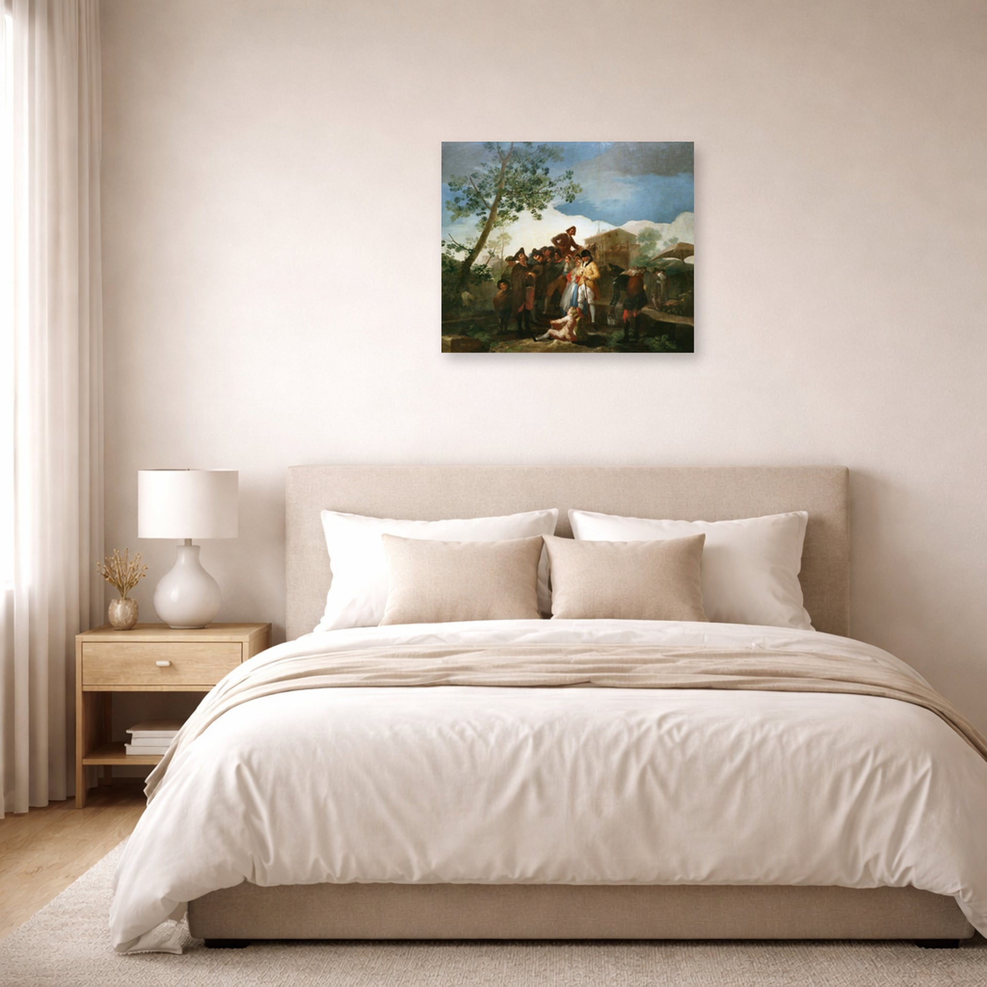 Unframed poster print of Francisco Goya's El ciego de la guitarra displayed on a wall in a bedroom