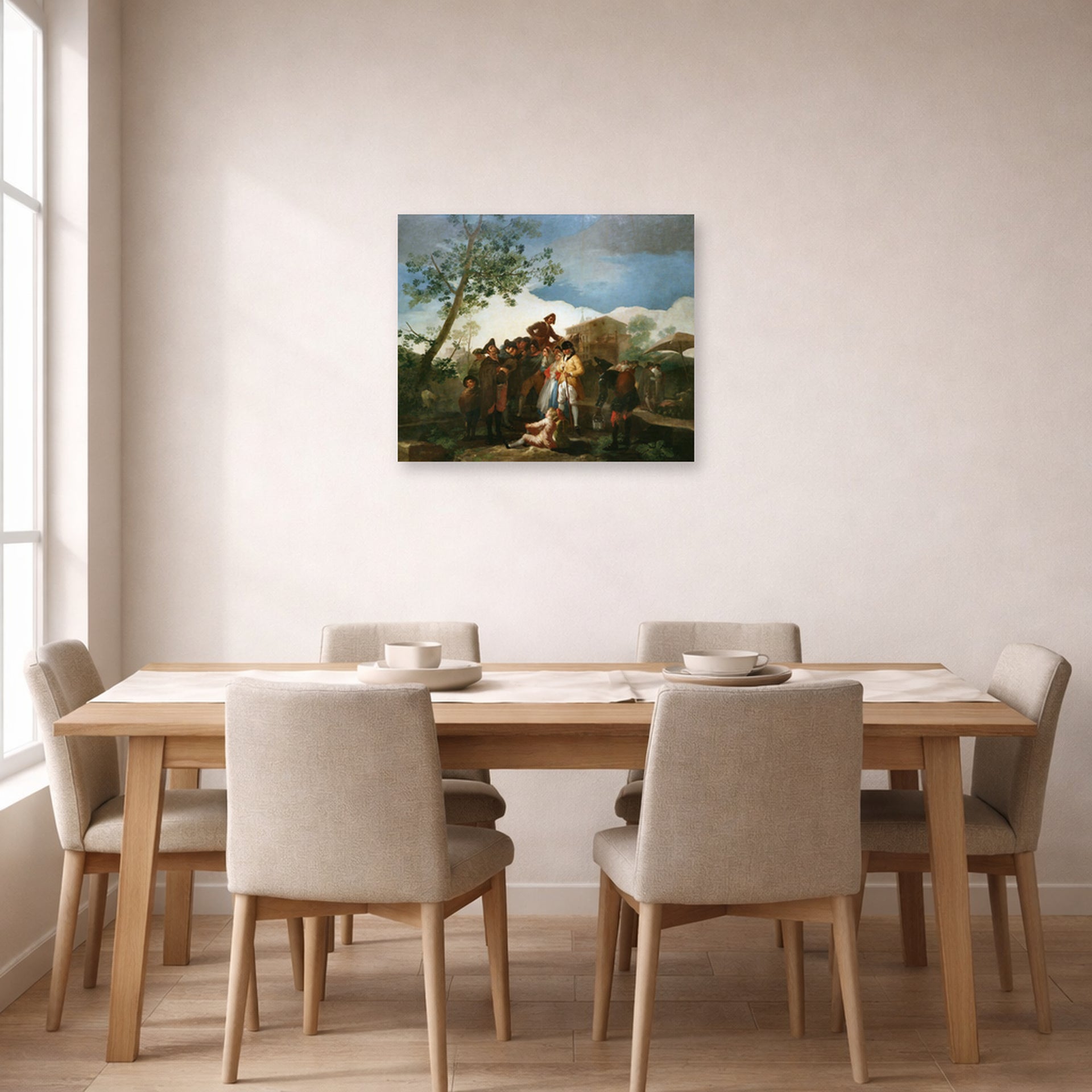 Unframed poster print of Francisco Goya's El ciego de la guitarra displayed on a wall in a dining room