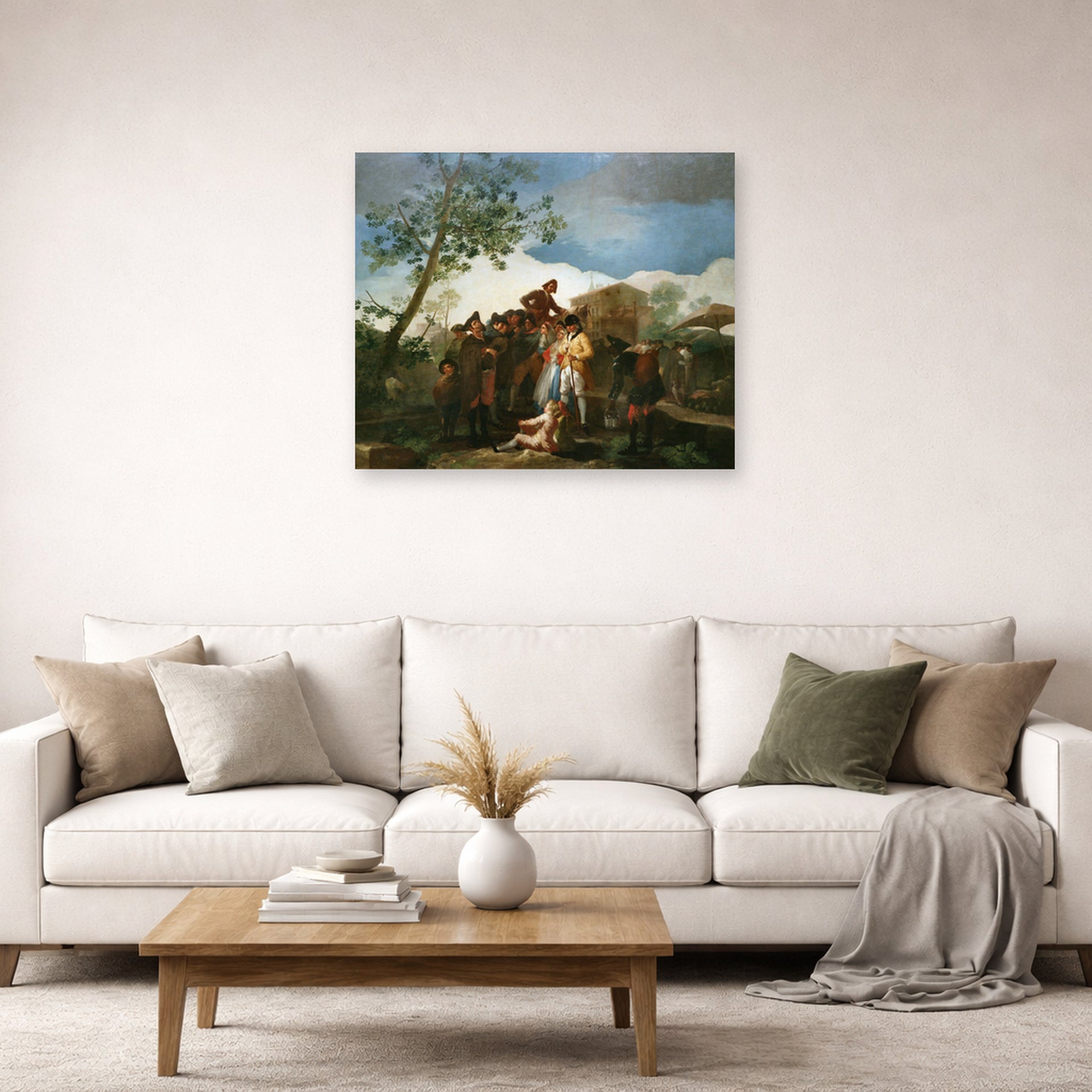 Unframed poster print of Francisco Goya's El ciego de la guitarra displayed on a wall in a second living room setting