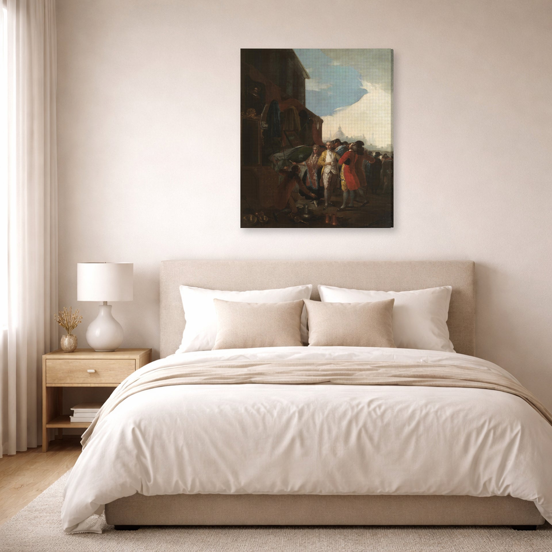 Gallery-wrapped canvas print of Francisco Goya's Fair Madrid displayed on a wall in a bedroom