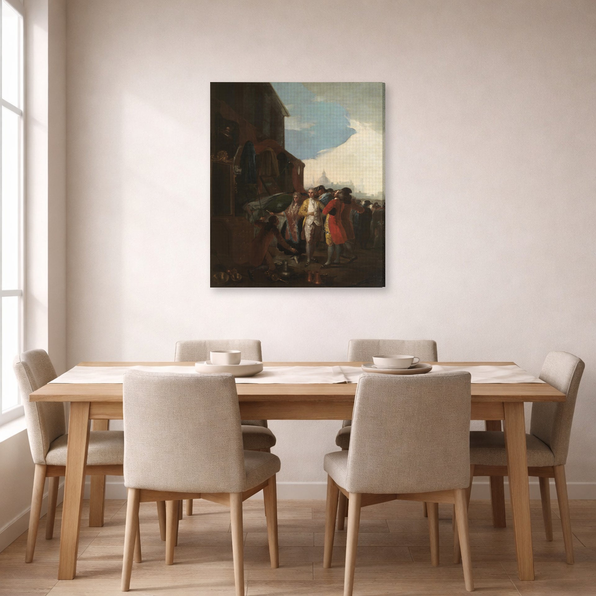 Gallery-wrapped canvas print of Francisco Goya's Fair Madrid displayed on a wall in a dining room
