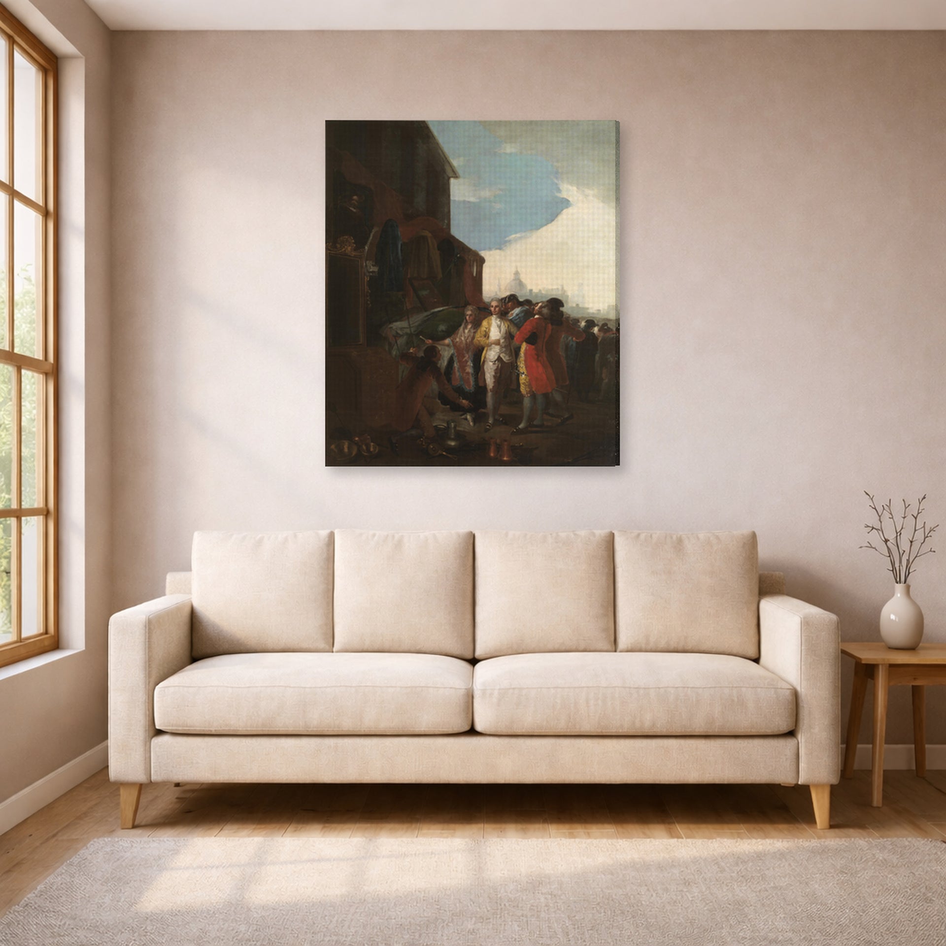 Gallery-wrapped canvas print of Francisco Goya's Fair Madrid displayed on a wall in a living room