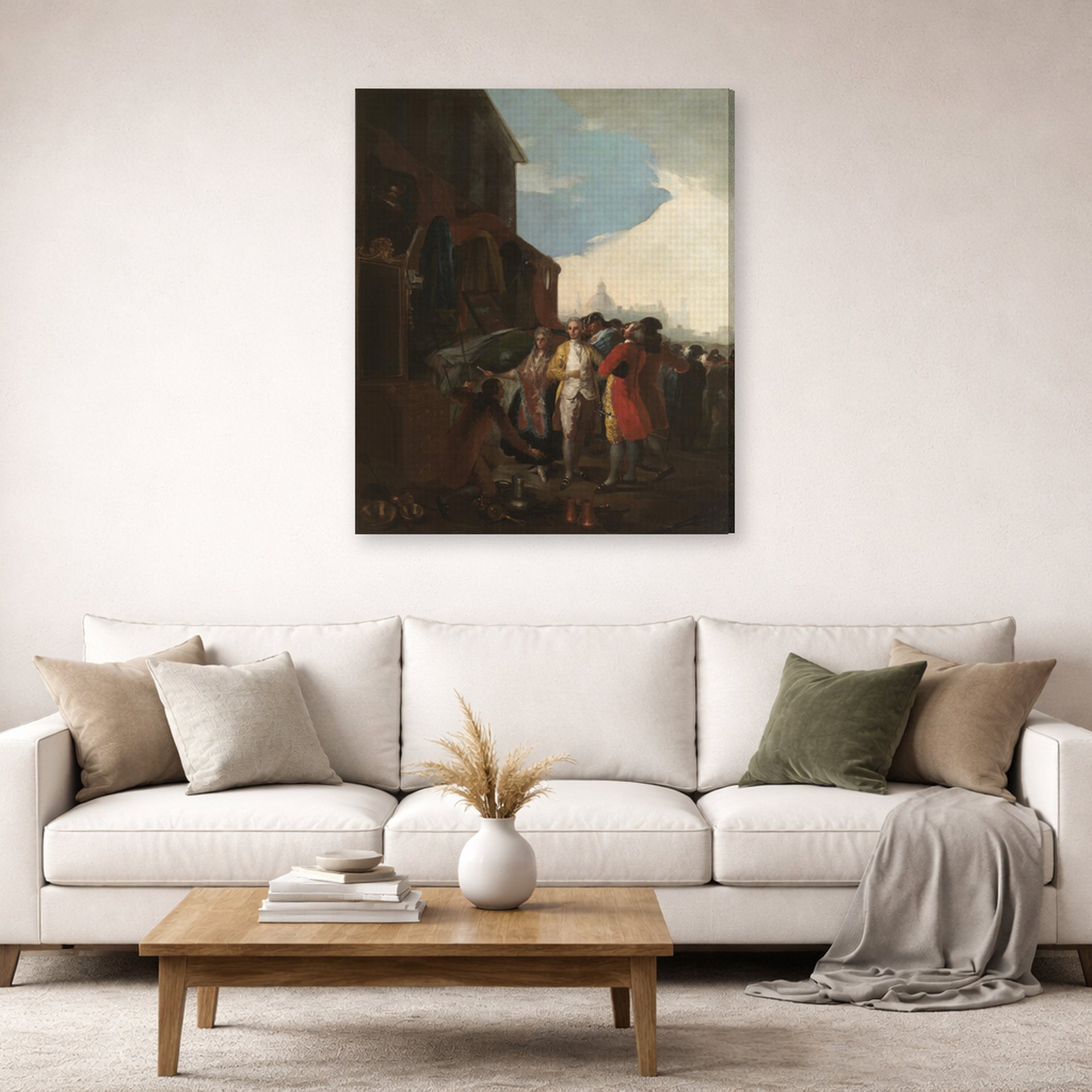 Gallery-wrapped canvas print of Francisco Goya's Fair Madrid displayed on a wall in a second living room setting